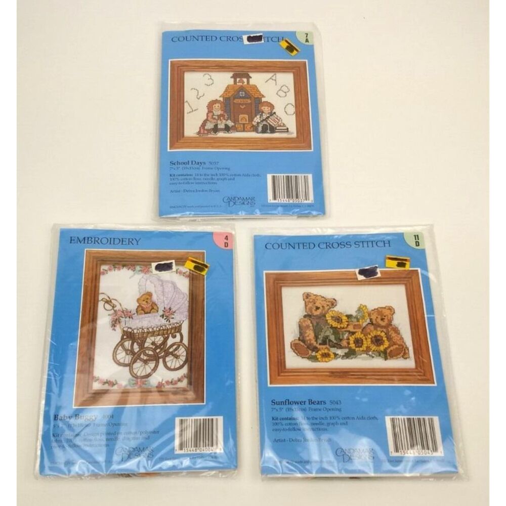 3 Vtg Candamar Designs Counted‎ Cross Stitch & Embroidery Kits Bears School NOS